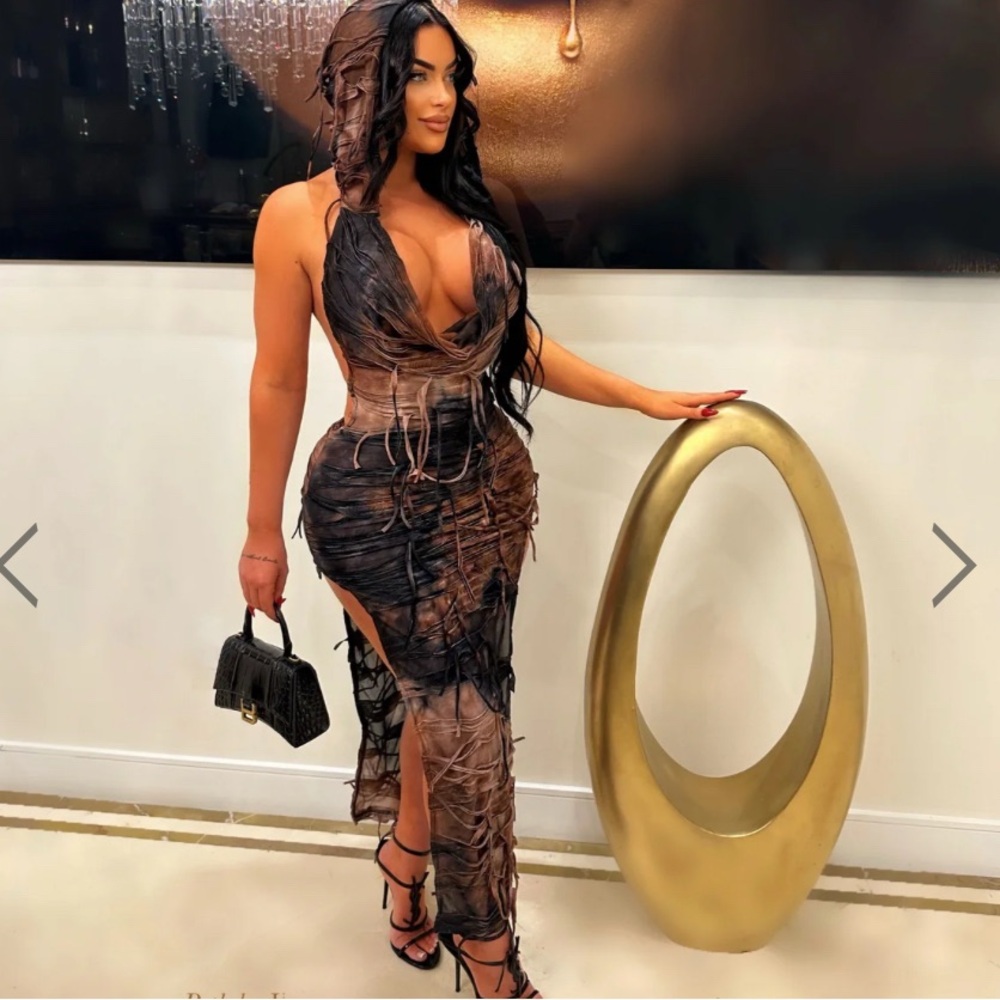 Stylish Brown and Black Hooded Dress